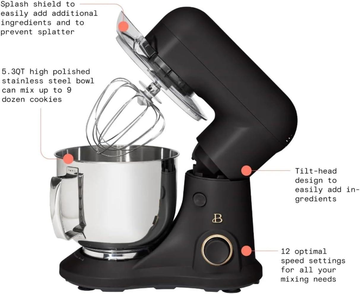 Beautiful 5.3 Qt Stand Mixer, White Icing with Flat Beater, Dough Hook, Balloon Whisk
