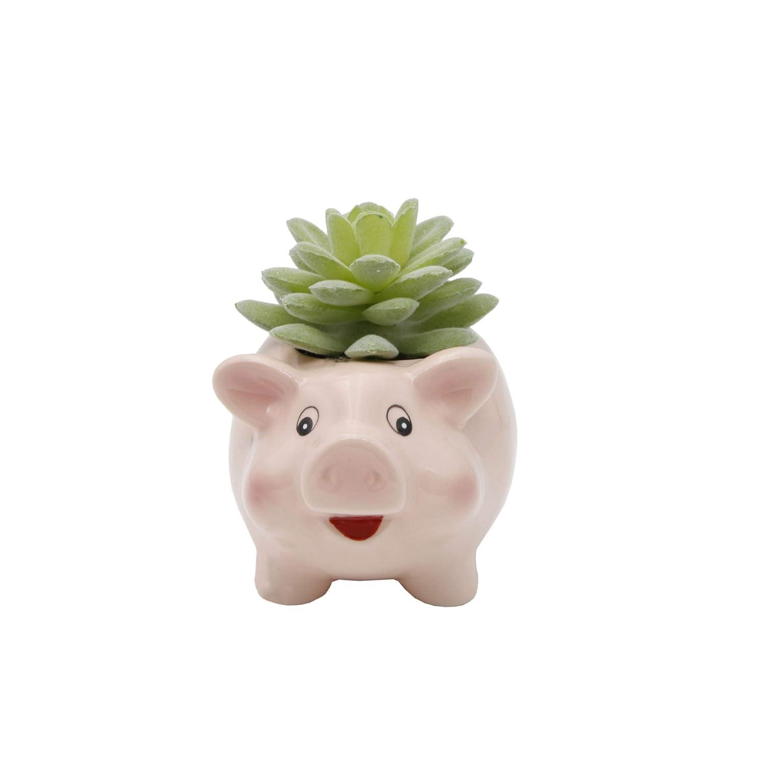Flora Bunda Set of 2 Artificial Succulents in Pink Ceramic Pig Planters