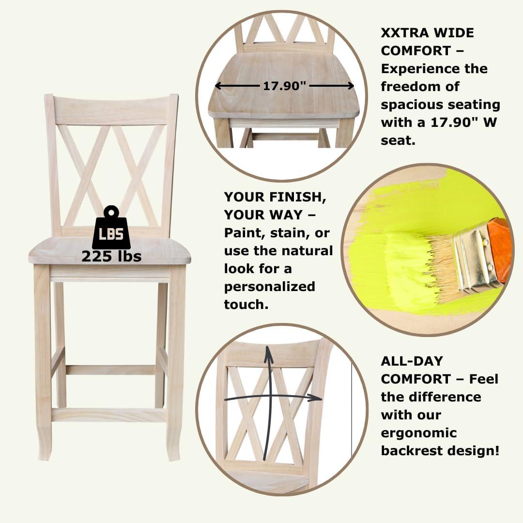 International Concepts 24" Double X Back Counter Height Barstool Unfinished: Solid Wood, Kitchen Island Seating