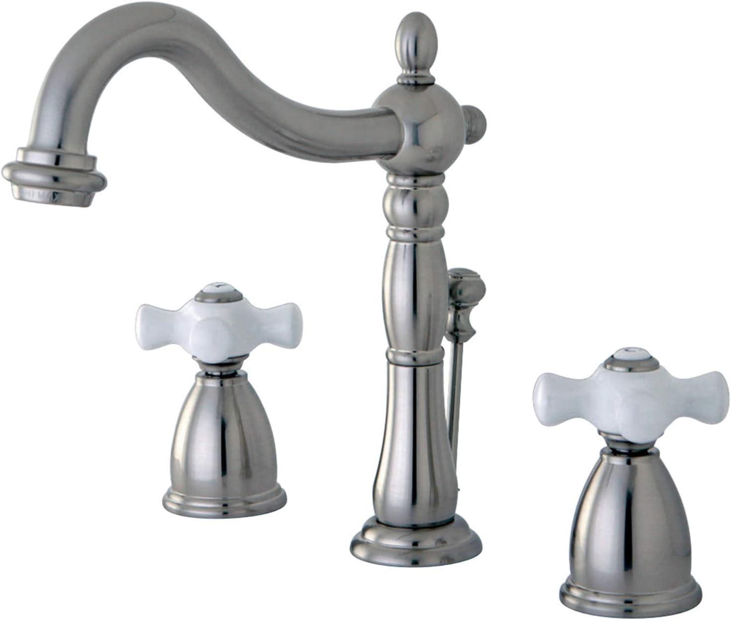 Kingston Brass Heritage Two-Handle 3-Hole Deck Mount Widespread Bathroom Faucet with Pop-Up Drain