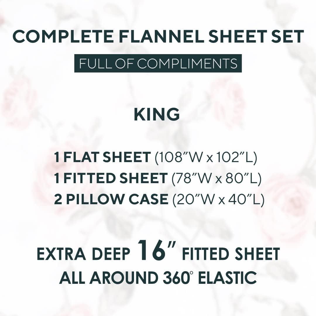 Sleepdown 100% Cotton Flannel Sheets King Size Bed Sheets Set with Deep Pockets, Brushed Flannel with Elastic Fitted Sheet Set, Soft & Cozy Sheets - 4 Piece Bedding and Pillowcase set - Penguin