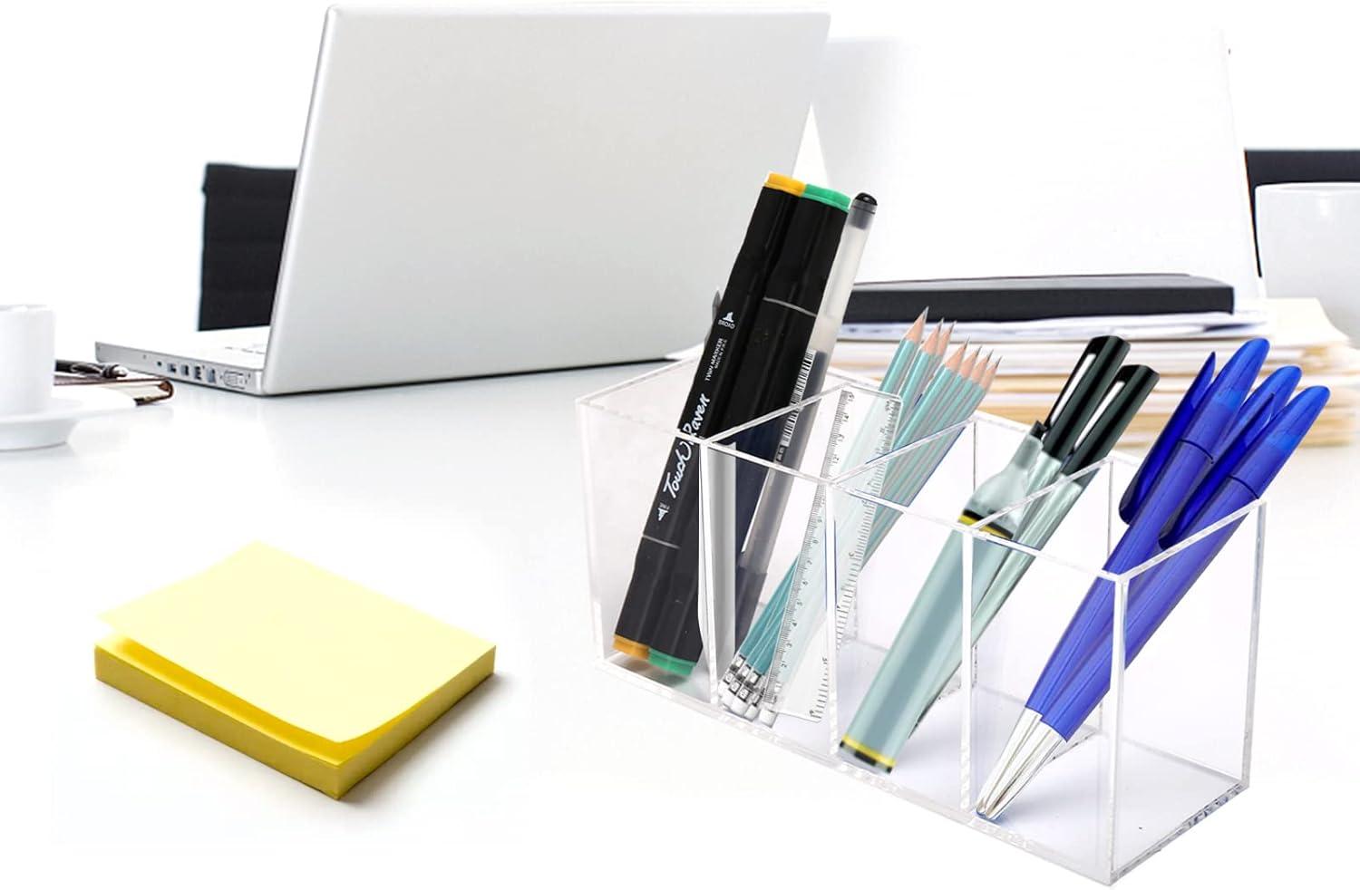 Ouskr Acrylic Pen Holder 4 Compartments, Clear Acrylic Pencil Holders for Desk, Makeup Brush Holder Cup Organizer, Pen Holder Stationery Storage Desktop Accessories for Office School Supplies