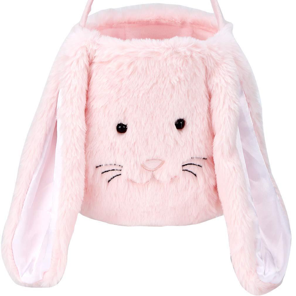 Easter Bunny Tote Bag, Cute Fuzzy Rabbit Ears Soft Plush Candy Handle Bag Eggs Basket Gift Bag for Kids Holiday Decorations