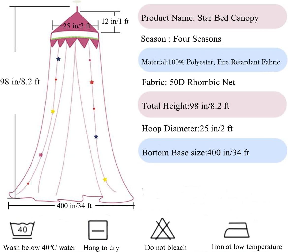 Bed Canopy with Lights for Girls,Gold Star Princess Crib Canopy Curtains,Extra Large Dome Mosquito Net Reading Nook Canopy for Kids Boys Twin Full Queen Size Bed,Fire Retardant Fabric