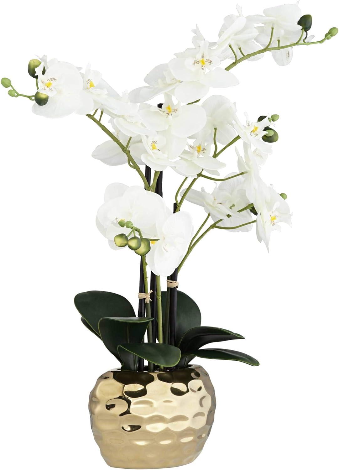 Dahlia Studios Potted Faux Artificial Flowers Realistic White Phalaenopsis Orchid in Gold Ceramic Pot Home Decoration 23" High