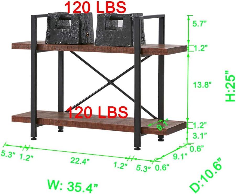 Distressed Brown 2-Tier Industrial Wood and Metal Bookshelf