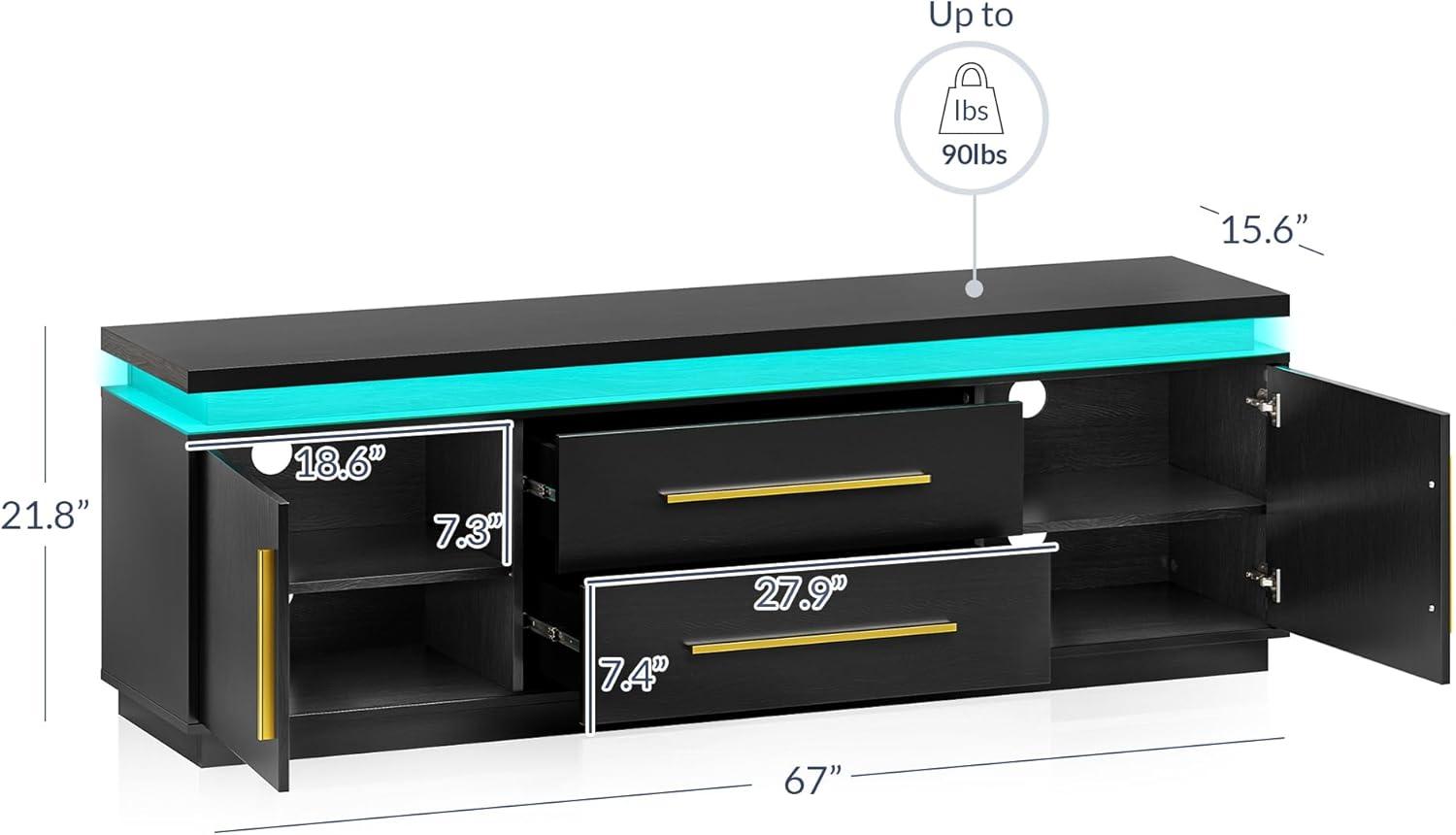 BELLEZE 67" TV Stand for TV up to 75",  with LED Lights Change to Melody of Music - Studio (Black)