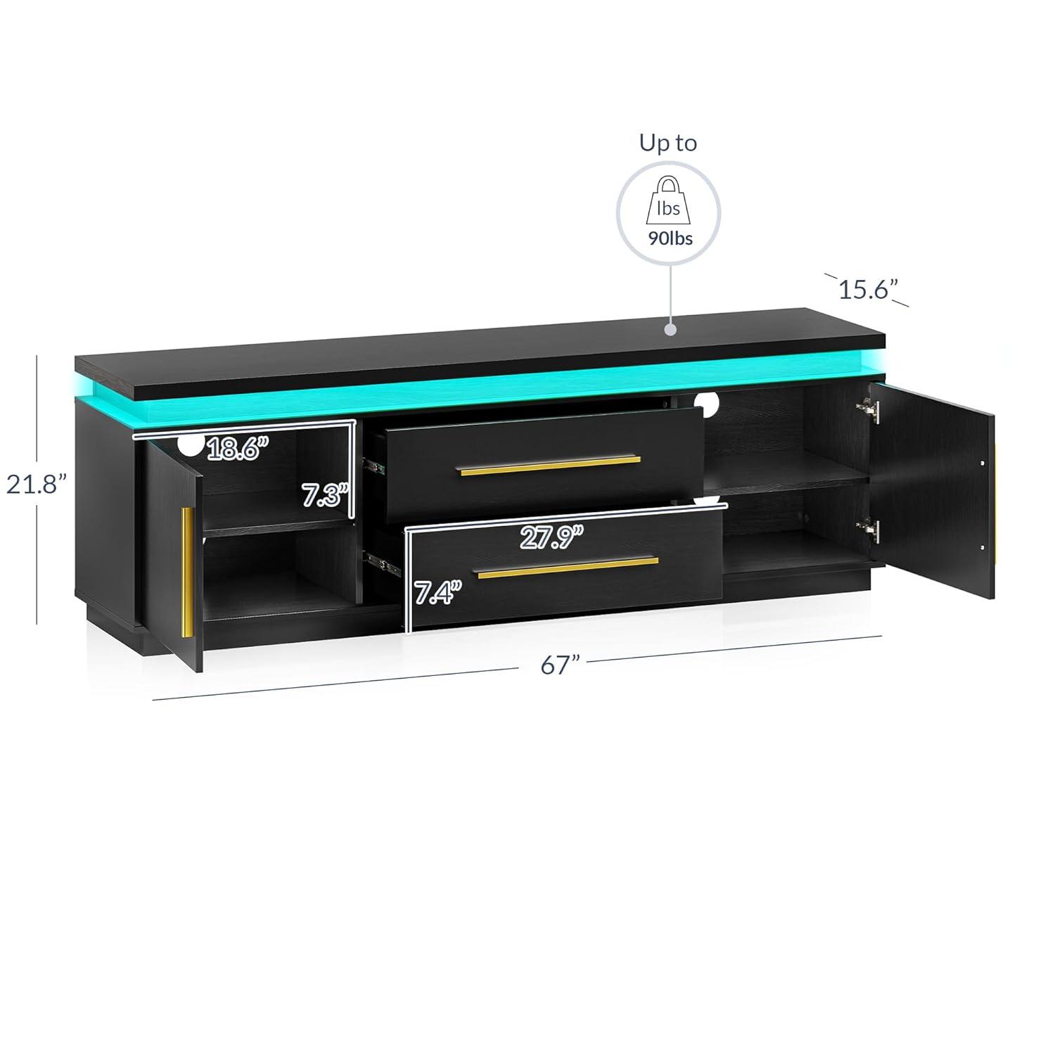 BELLEZE 67" TV Stand for TV up to 75",  with LED Lights Change to Melody of Music - Studio (Black)