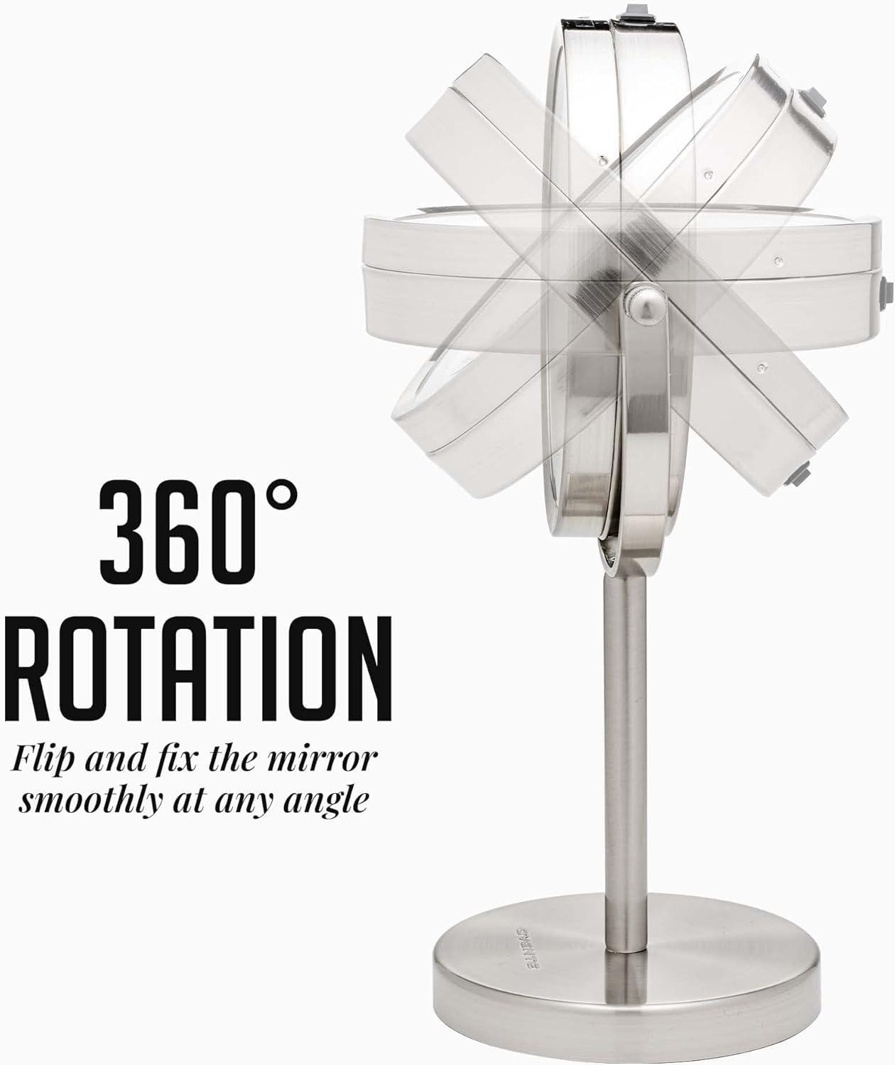 Ovente OVENTE 6" Lighted Makeup Mirror with 1X/7X Magnification, Cordless Tabletop Mount Vanity Round Mirror with 360° Swivel Design and Double Sided Cool Tone LED Ring Light, Nickel Brushed MLT60BR1X7X