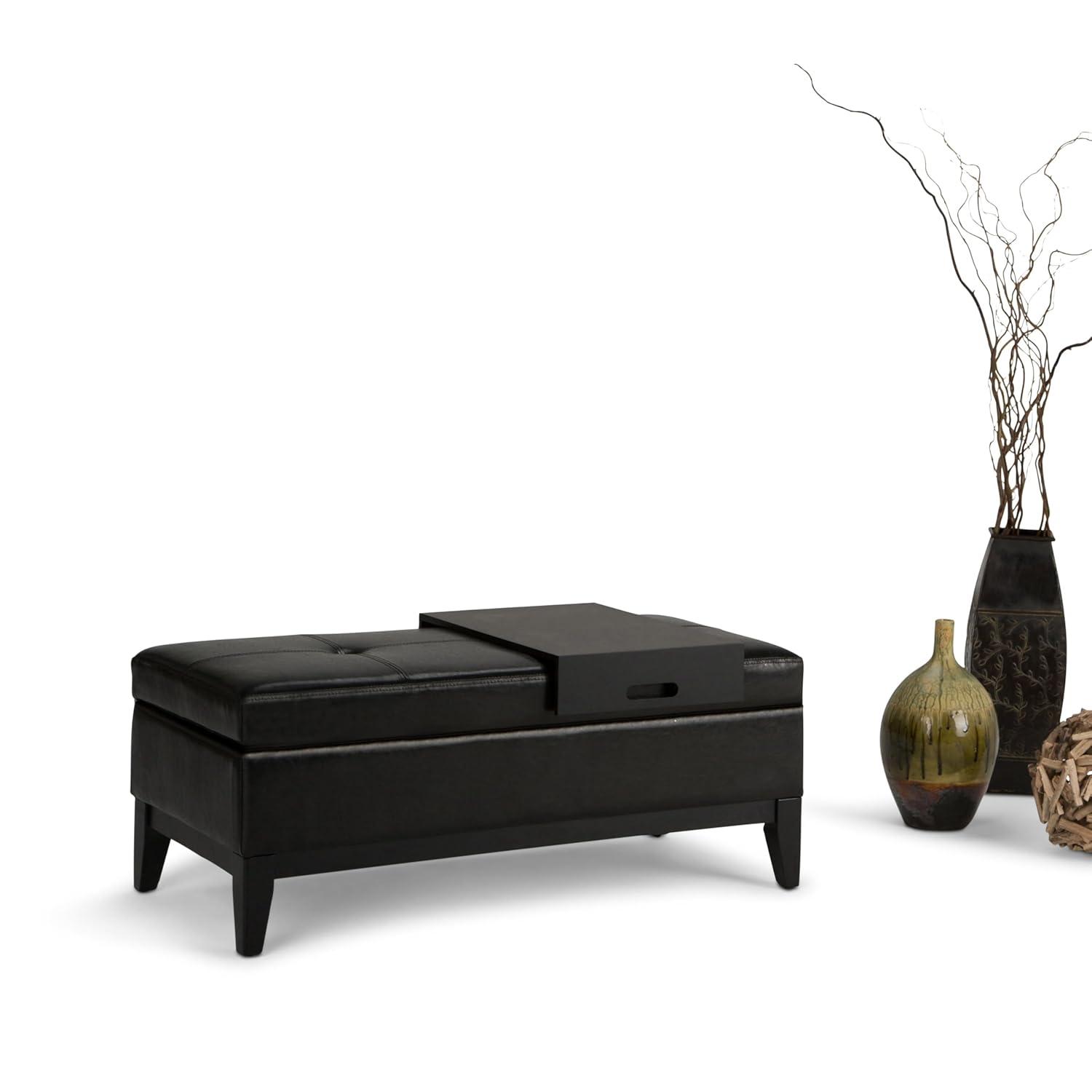Simpli Home Oregon 42"W Upholstered Storage Ottoman Bench with Lift-Top Lid and Tray
