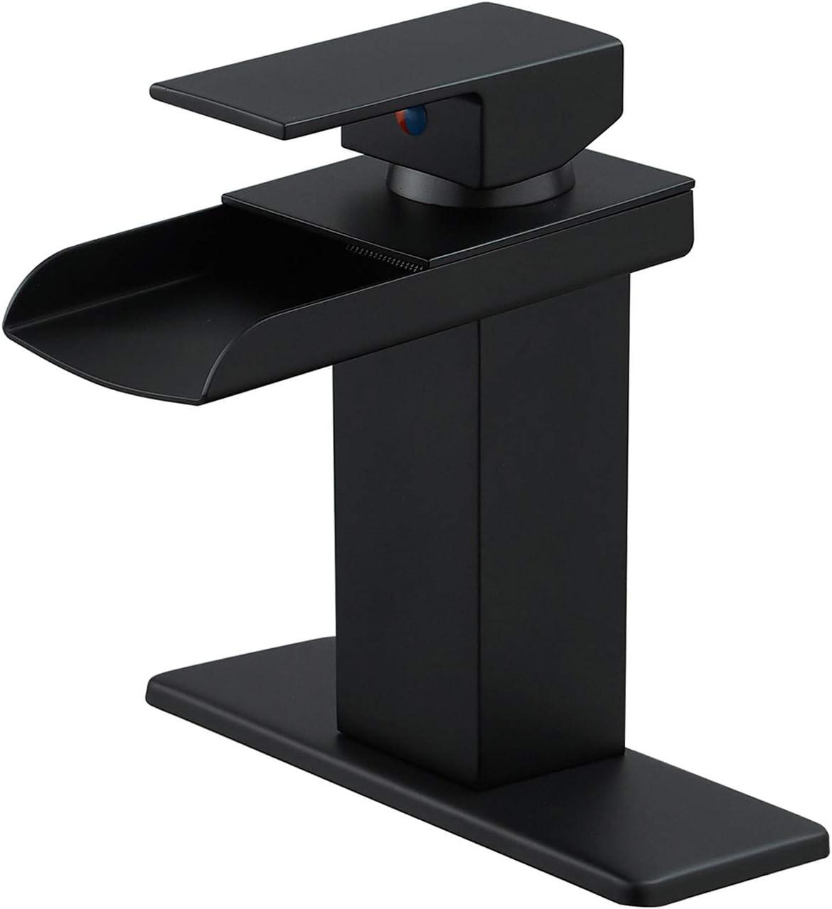 BWE Black Bathroom Faucet Waterfall Single Handle Bathroom Faucet One Hole Bathroom Sink Faucet with Supply Line Lavatory Vanity Mixer Tap Deck Mounted Matte Black