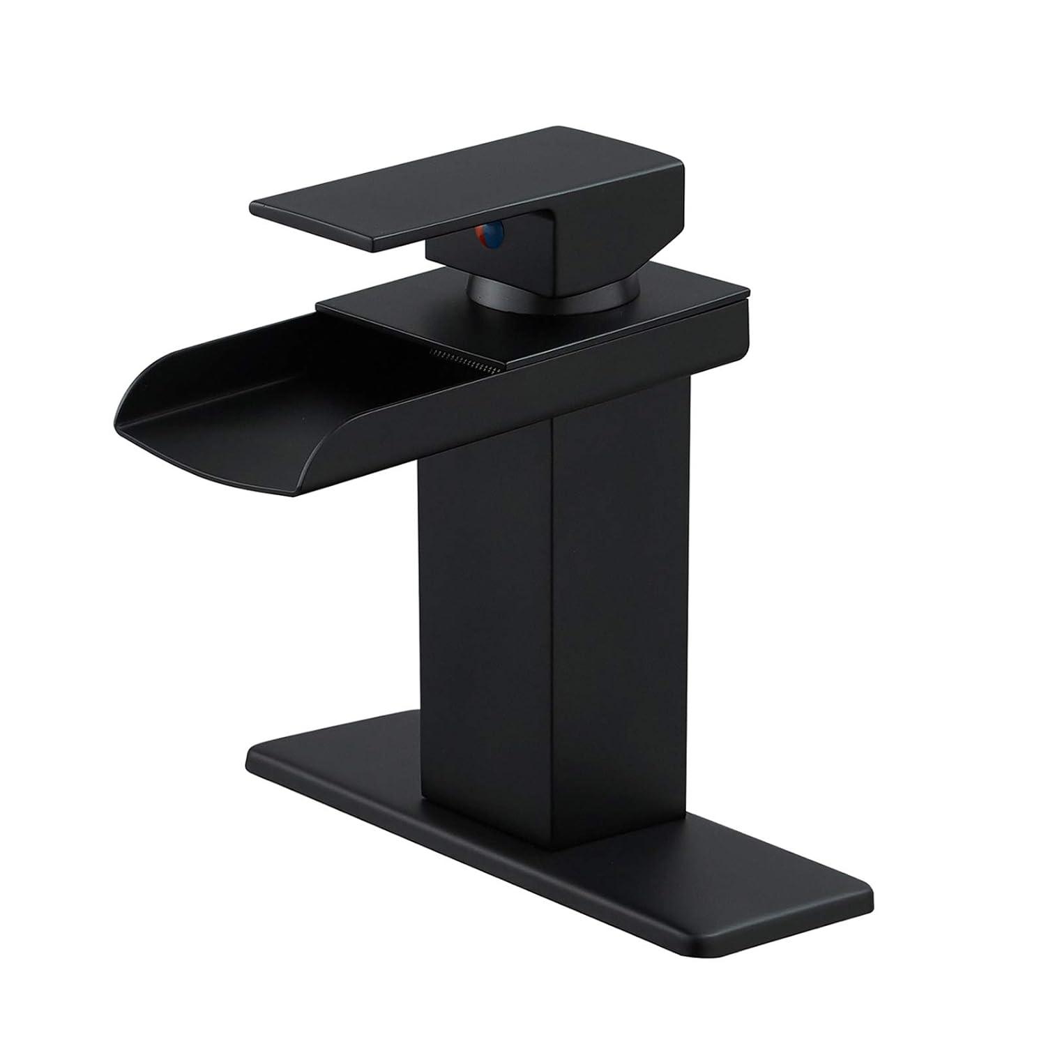 BWE Black Bathroom Faucet Waterfall Single Handle Bathroom Faucet One Hole Bathroom Sink Faucet with Supply Line Lavatory Vanity Mixer Tap Deck Mounted Matte Black