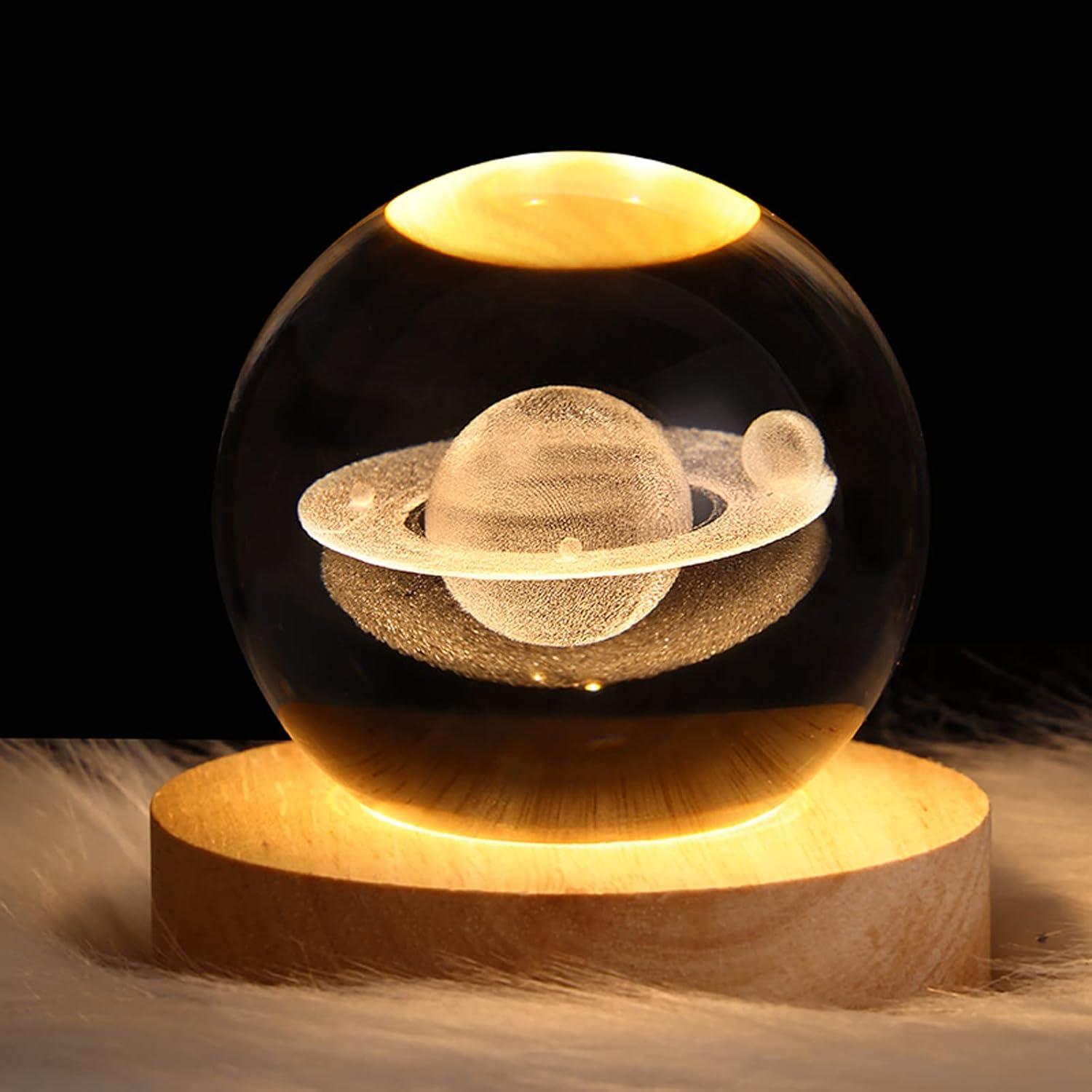 Saturn Crystal Ball, 2.4 inch(6cm) LED Solar System Crystal Glass Sphere Lamp with Wooden Base, Decorative Glass Ball Saturn Planet Model Decor Space Universe Gifts for Men, Friends and Girls