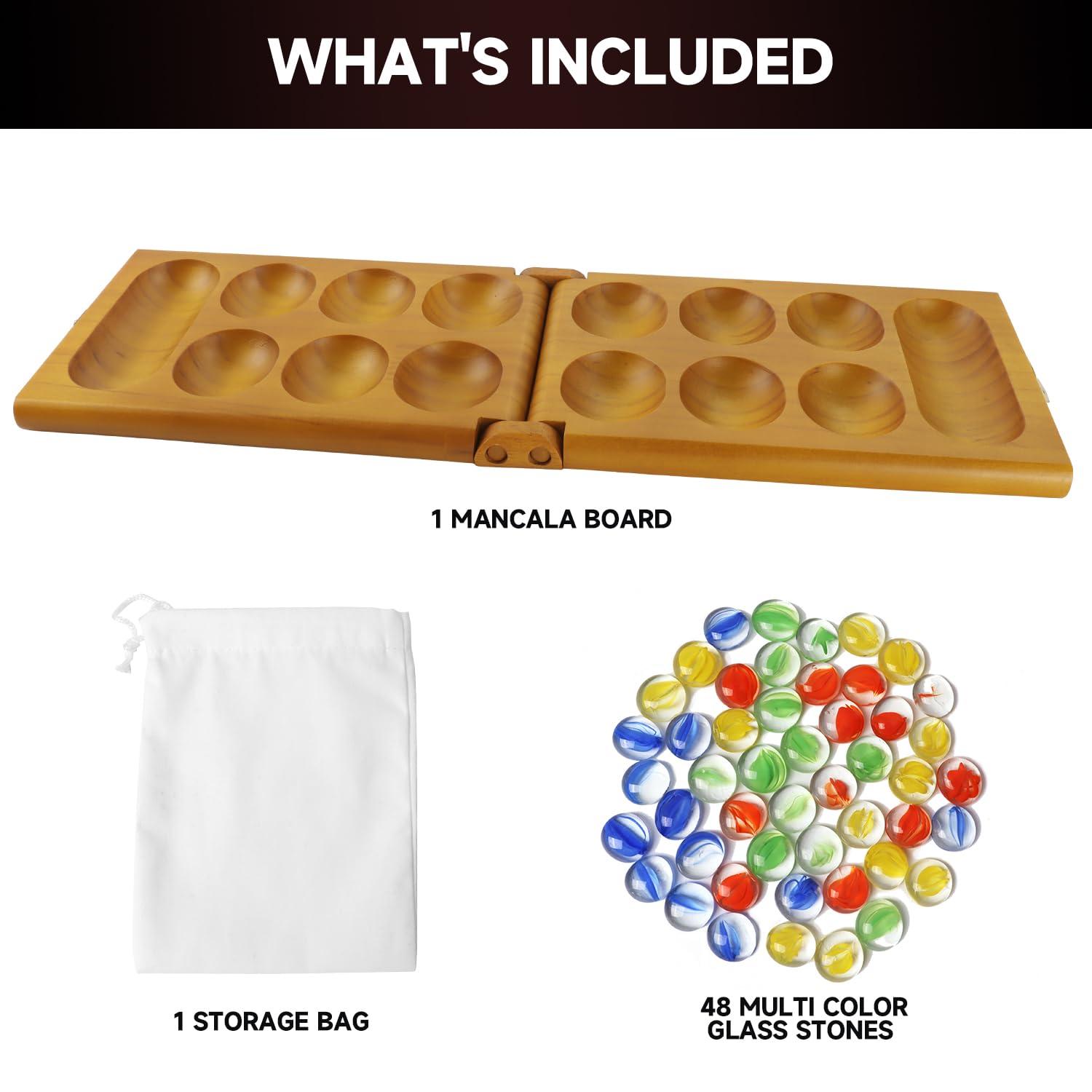 GSE Folding Wooden Mancala Board Game with Multi-Color Glass Stones and Storage Bag, Travel Game - Oak
