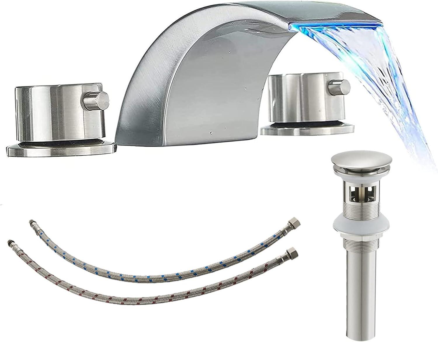 Brushed Nickel LED Waterfall Widespread Bathroom Faucet