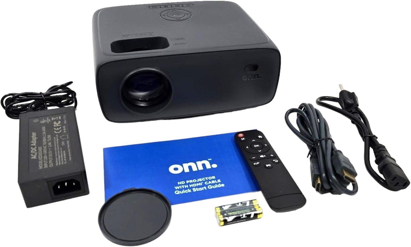 Restored ONN 720P HD Home Theater Projector with 6' HDMI Cable, Black, HDMI/USB/MicroSD/AV - Indoor & outdoor use 100096801 (Refurbished)