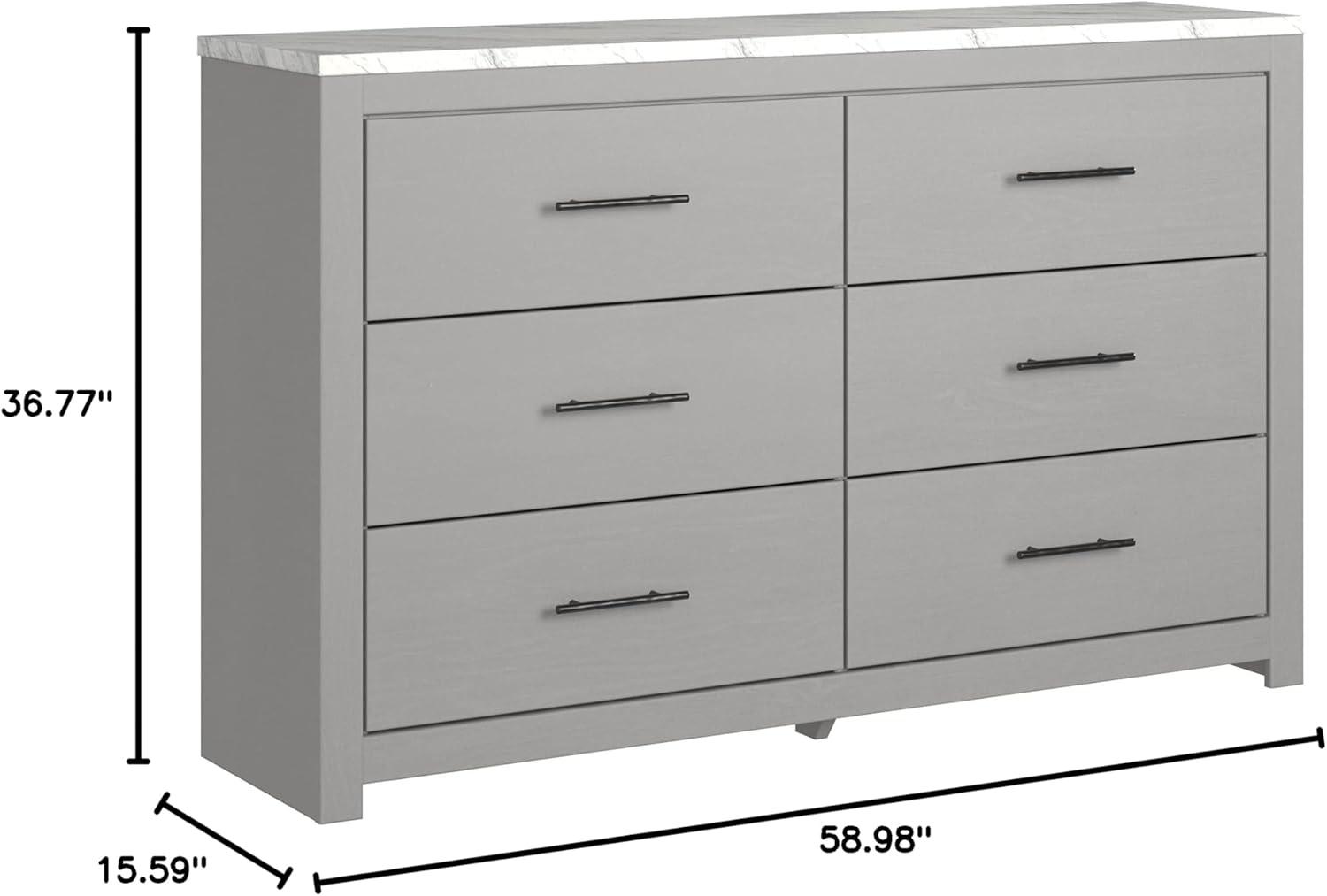 Gray Six-Drawer Dresser with Faux Marble Top