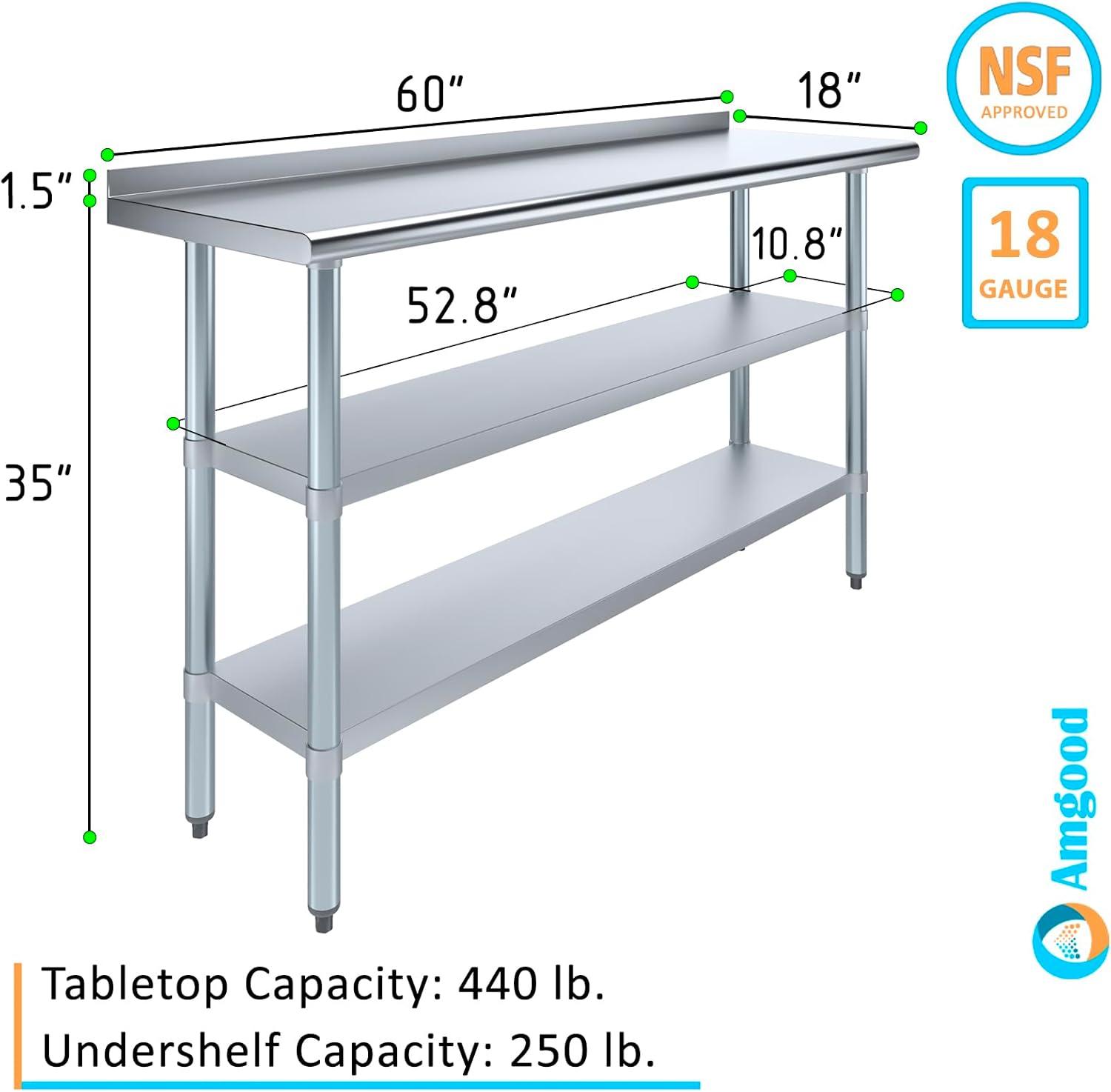 Amgood Stainless Steel Work Table with Undershelf. Metal Prep Table. NSF - Certified