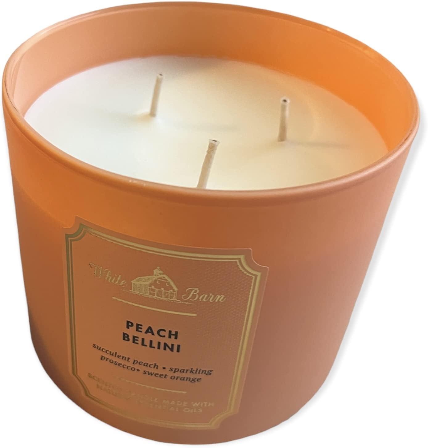 Bath and Body Works White Barn 3 Wick Scented Candle Peach Bellini with Essential Oils 14.5 Ounce
