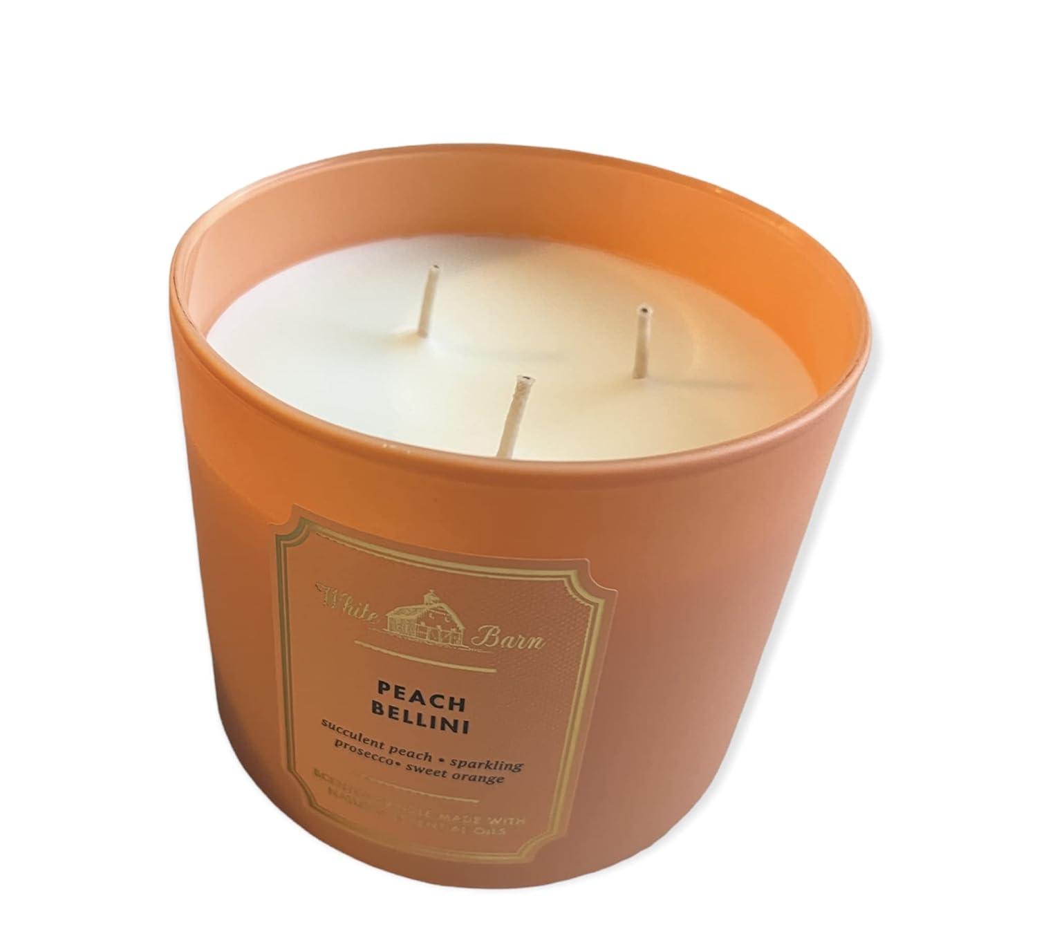 Bath and Body Works White Barn 3 Wick Scented Candle Peach Bellini with Essential Oils 14.5 Ounce