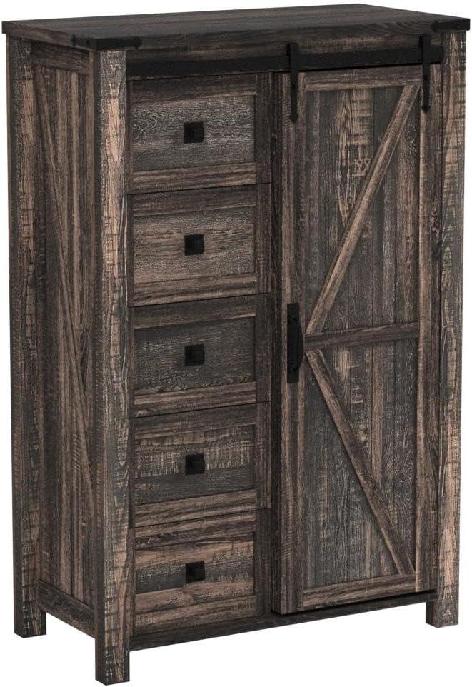 Farmhouse 5 Chest of Drawers, Tall Drawers Dresser with Sliding Barn Door