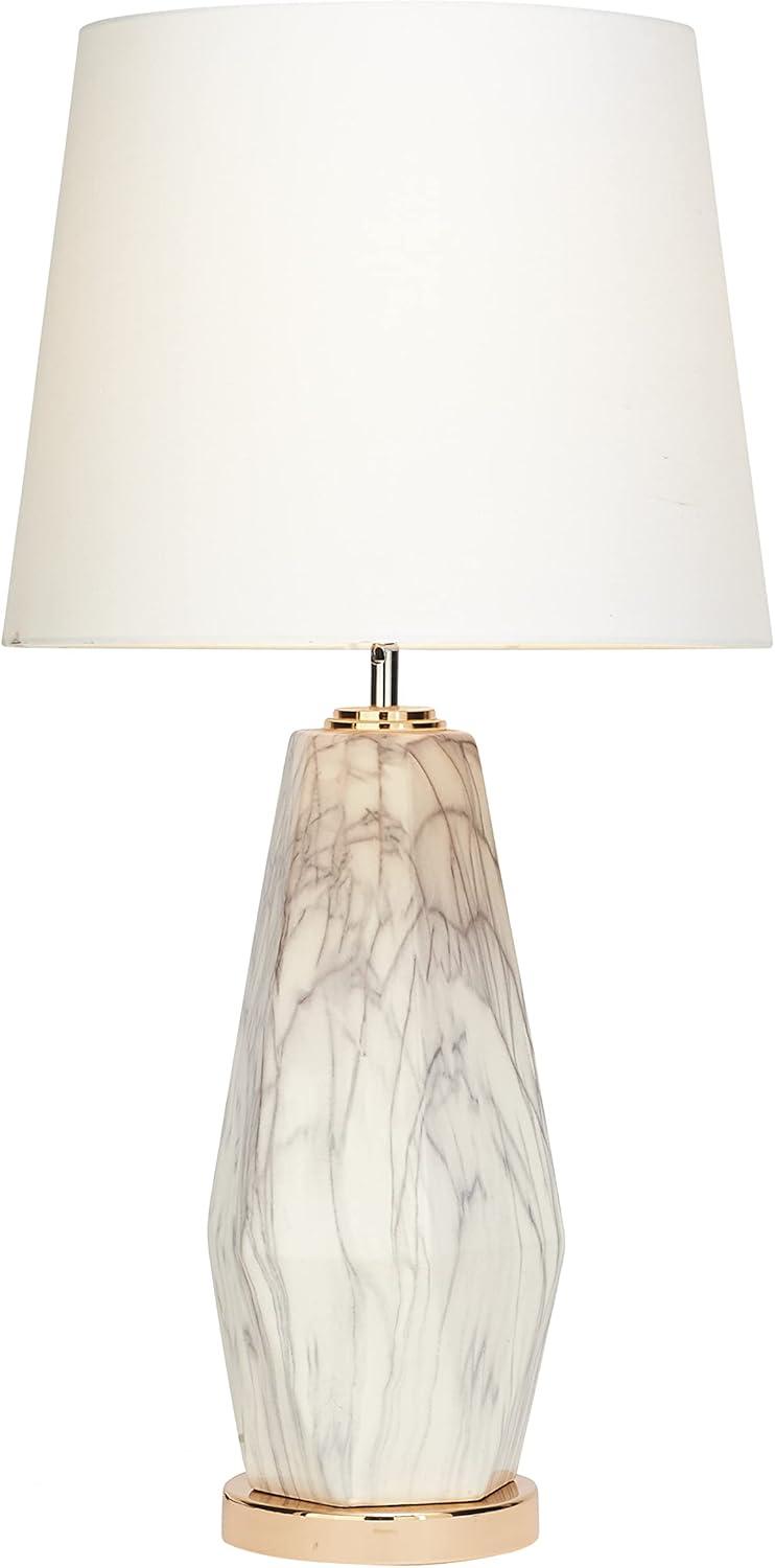 White Faux Marble and Gold Pedestal Nightstand Lamp