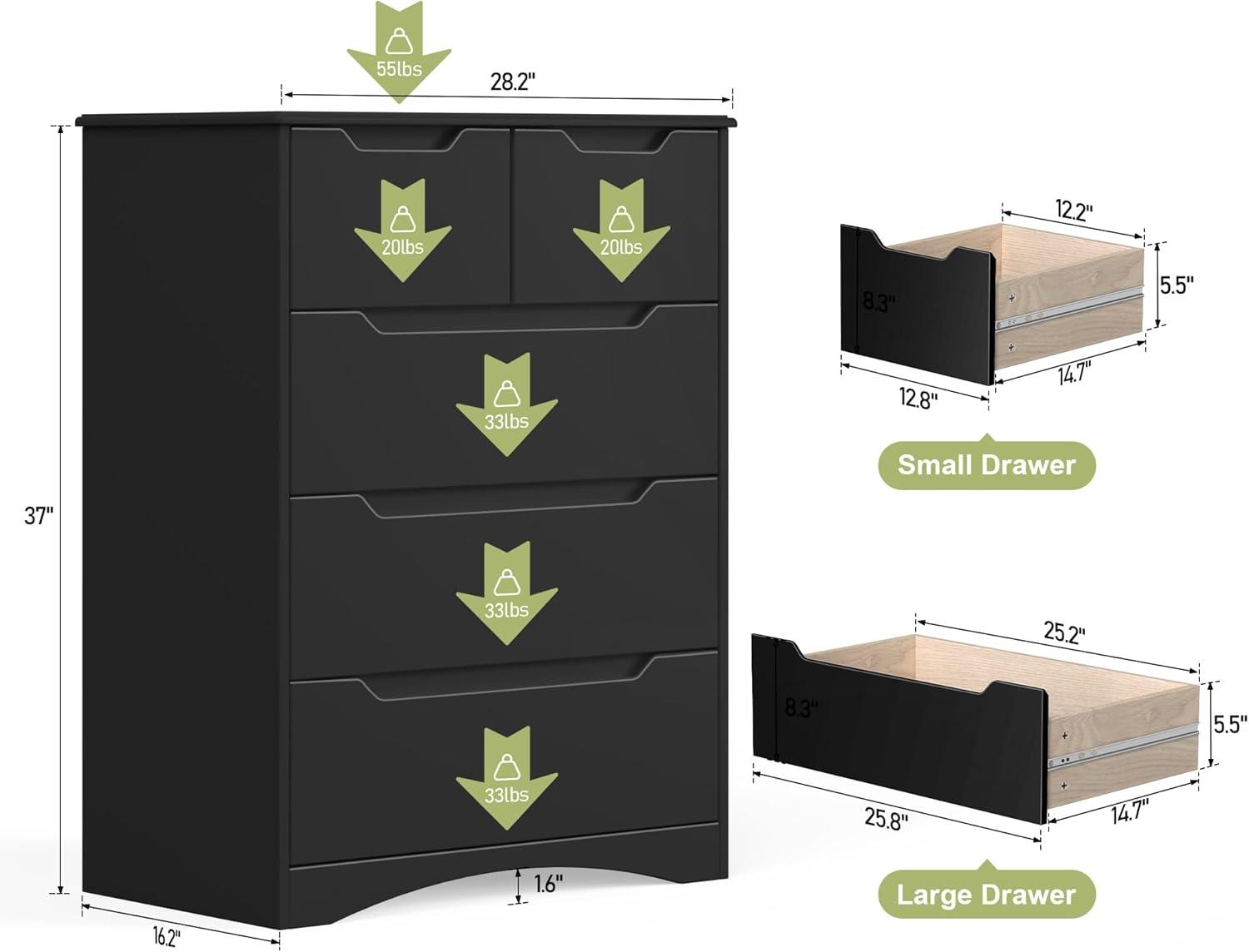 37  Tall Modern 5 Drawer Chest of Drawers Dresser Organizer, Vertical Clothes Storage Hanging Cabinet for Hallway, Bedroom