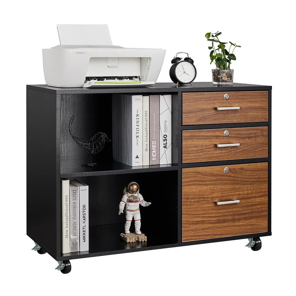Black & Brown 3 Drawer File Cabinet with Lock, Wood Lateral File Cabinets for Home Office, Printer Stand with File Cabinet, Rolling File Cabinet with Open Shelves, Letter Filing Cabinet, 26" H
