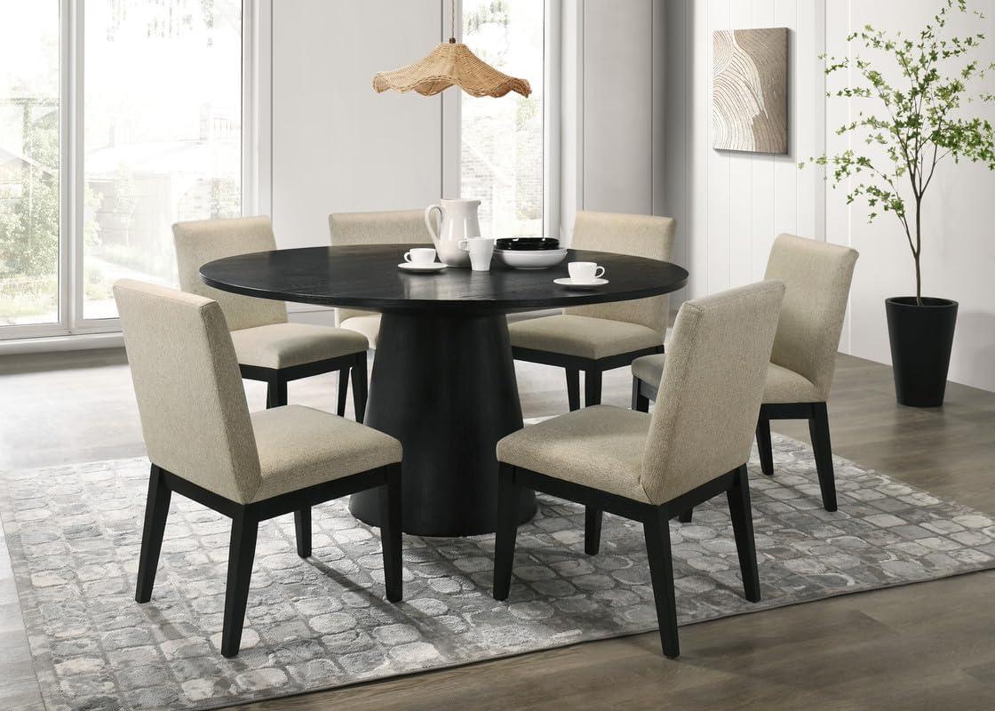 Jasper Ebony Black Wood 7-Piece Round Dining Set with Beige Upholstered Chairs