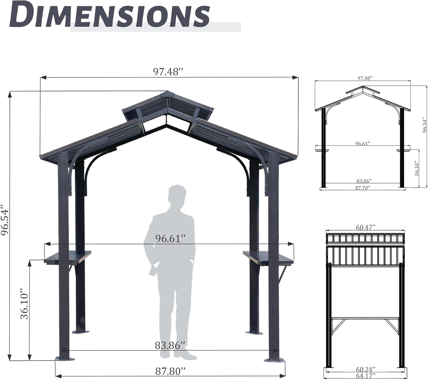 Domi 8x5FT Gray Steel Hardtop Grill Gazebo with Shelves