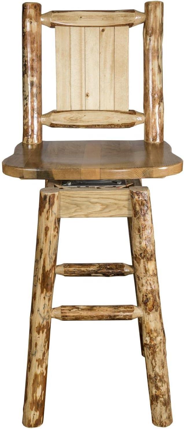 Rustic Lodge Pole Pine Swivel Barstool with Laser-Engraved Wolf