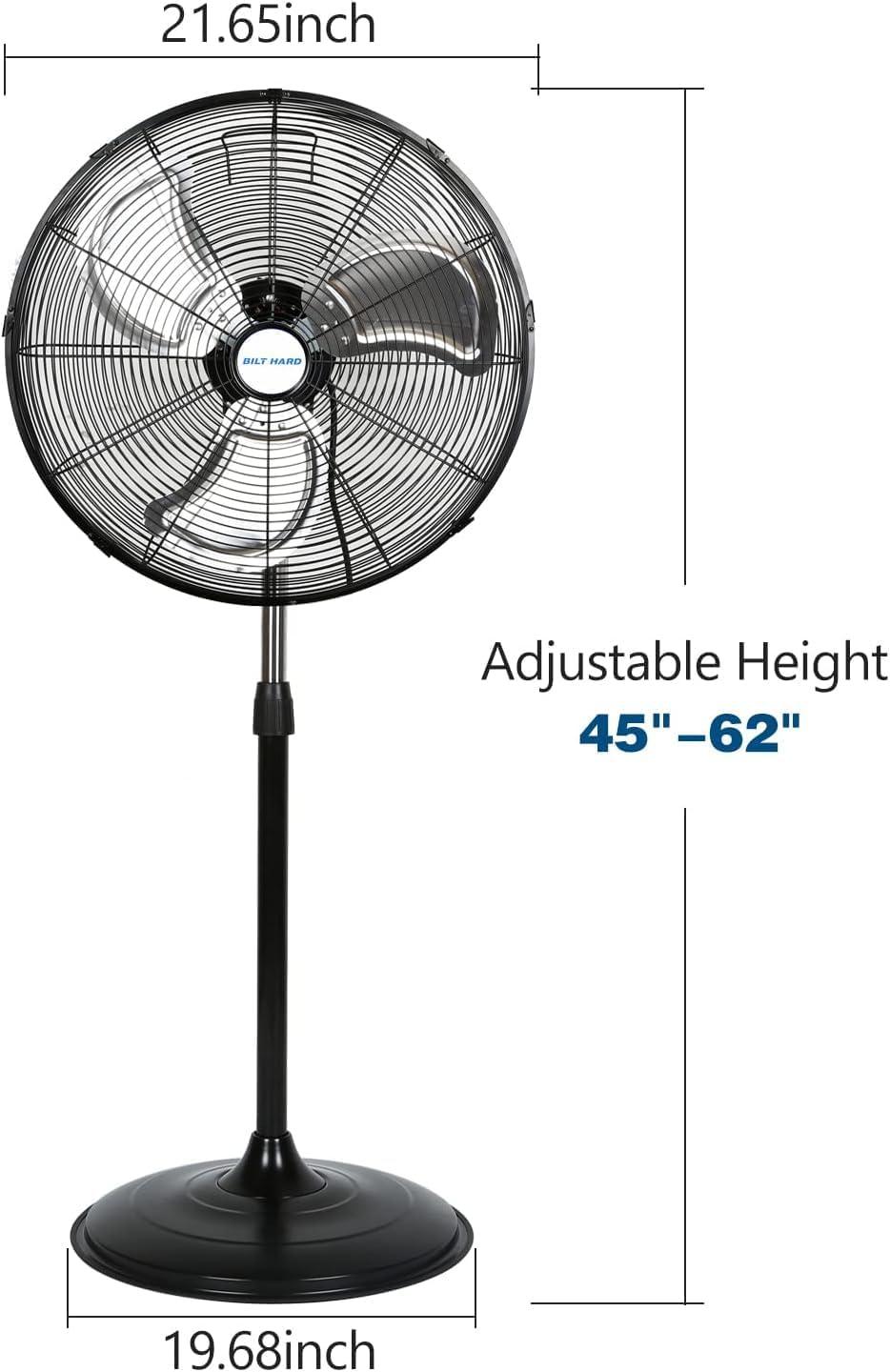 BILT HARD 5200 CFM 20" High Velocity Pedestal Fan, 3-Speed Industrial Oscillating Stand Fan with Aluminum Blades, Heavy Duty Standing Shop Fan for Commercial, Residential, and Garage