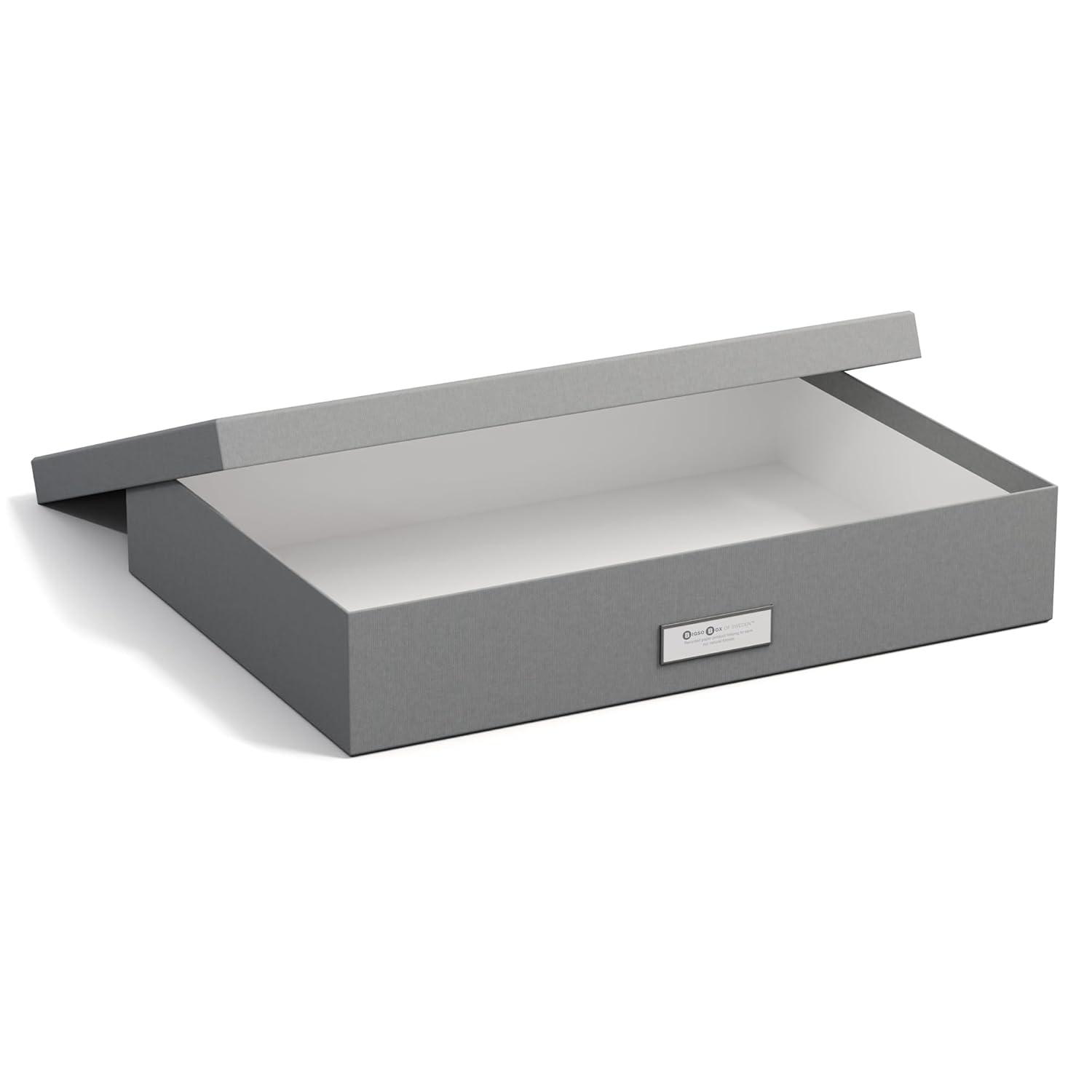 Bigso Box of Sweden Sverker Fiberboard Legal and Art Storage Box | Scrapbook Storage Box| Durable Document Boxes with Lid and Metal Label Holder | 17.1’’ x 12.2’’ x 3.3’’ | Grey