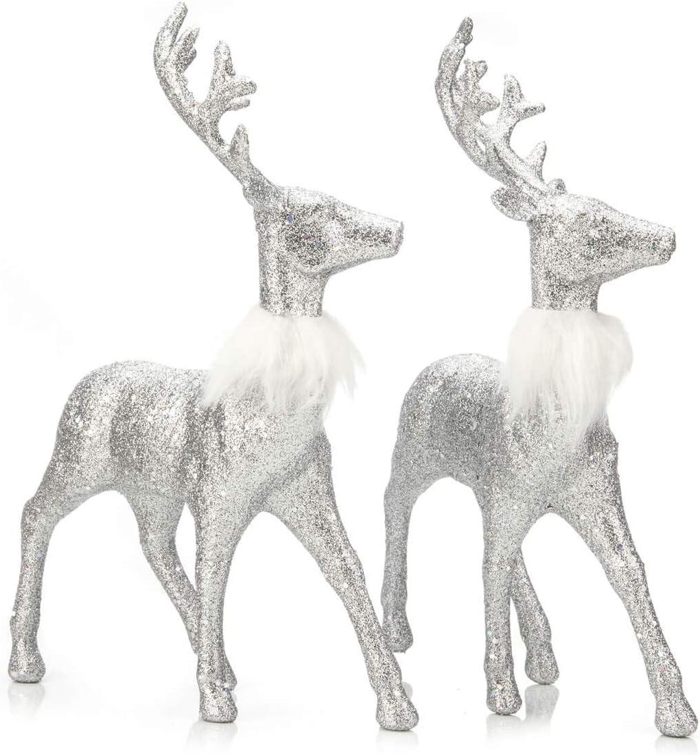 Ornativity Glitter Christmas Reindeer Figurines-  Silver - Pack of 2