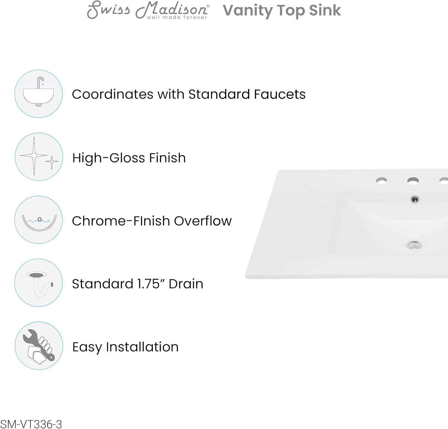 Swiss Madison 36" Zero Hole Vanity Sink Top In Glossy White