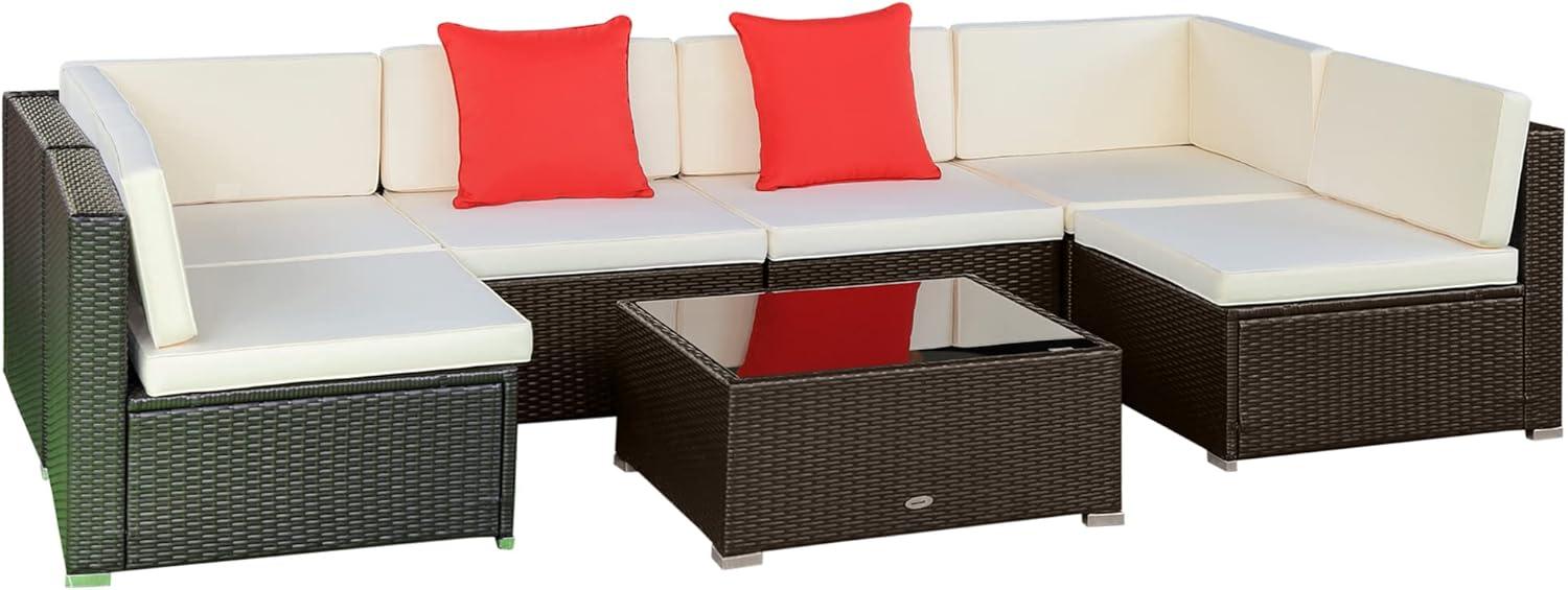 Outsunny 7 Piece Outdoor Patio Furniture Set, PE Rattan Wicker Sectional Sofa Set with Couch Cushions, Pillows, Coffee Table, Cream White