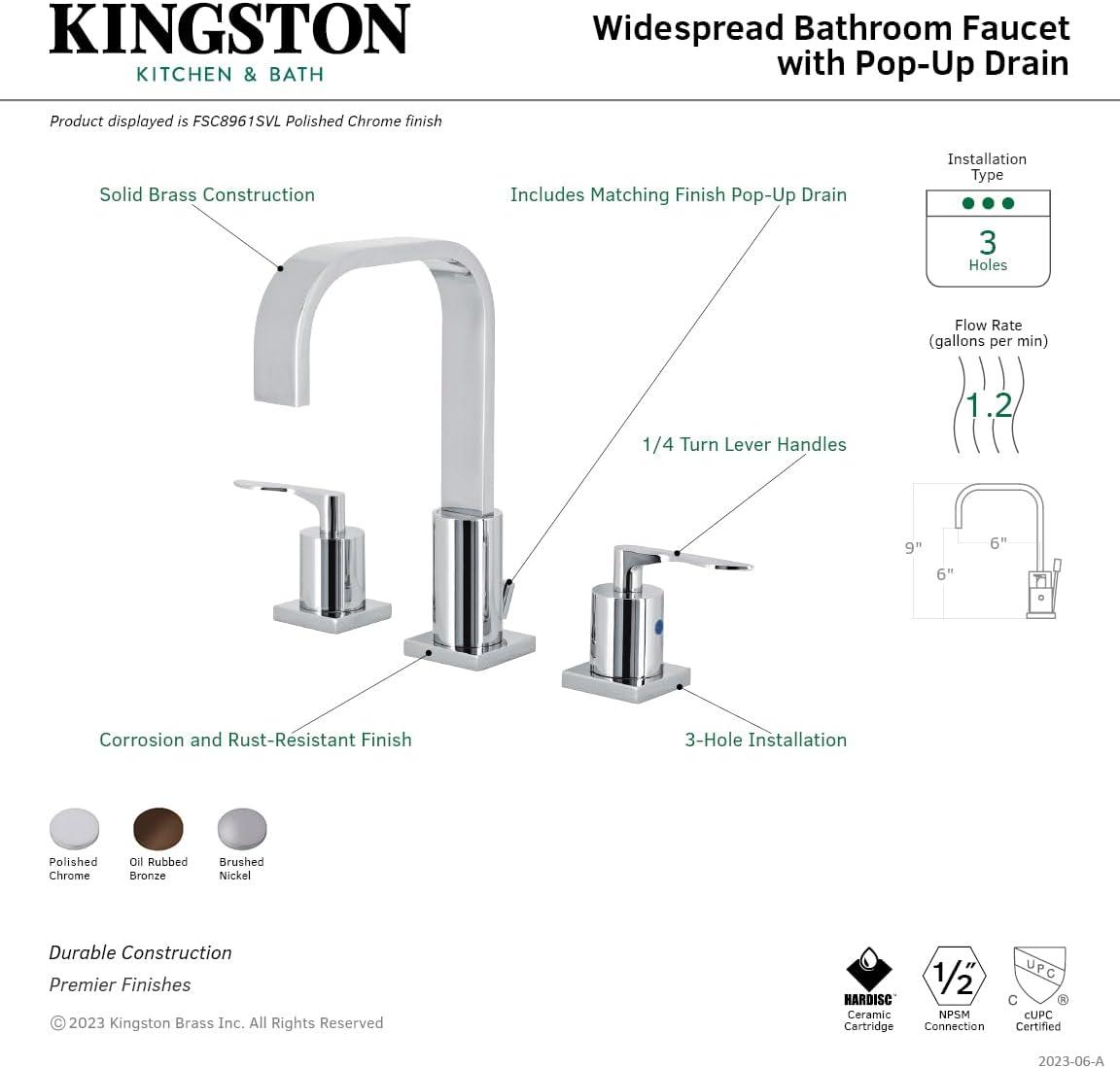 Kingston Brass Serena Two-Handle 3-Hole Deck Mount Widespread Bathroom Faucet with Retail Pop-Up Drain