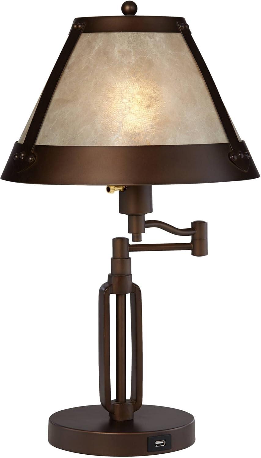 Franklin Iron Works Samuel Industrial Desk Lamp 21 1/4" High Bronze Swing Arm with USB Charging Port Natural Mica Shade for Bedroom Living Room House