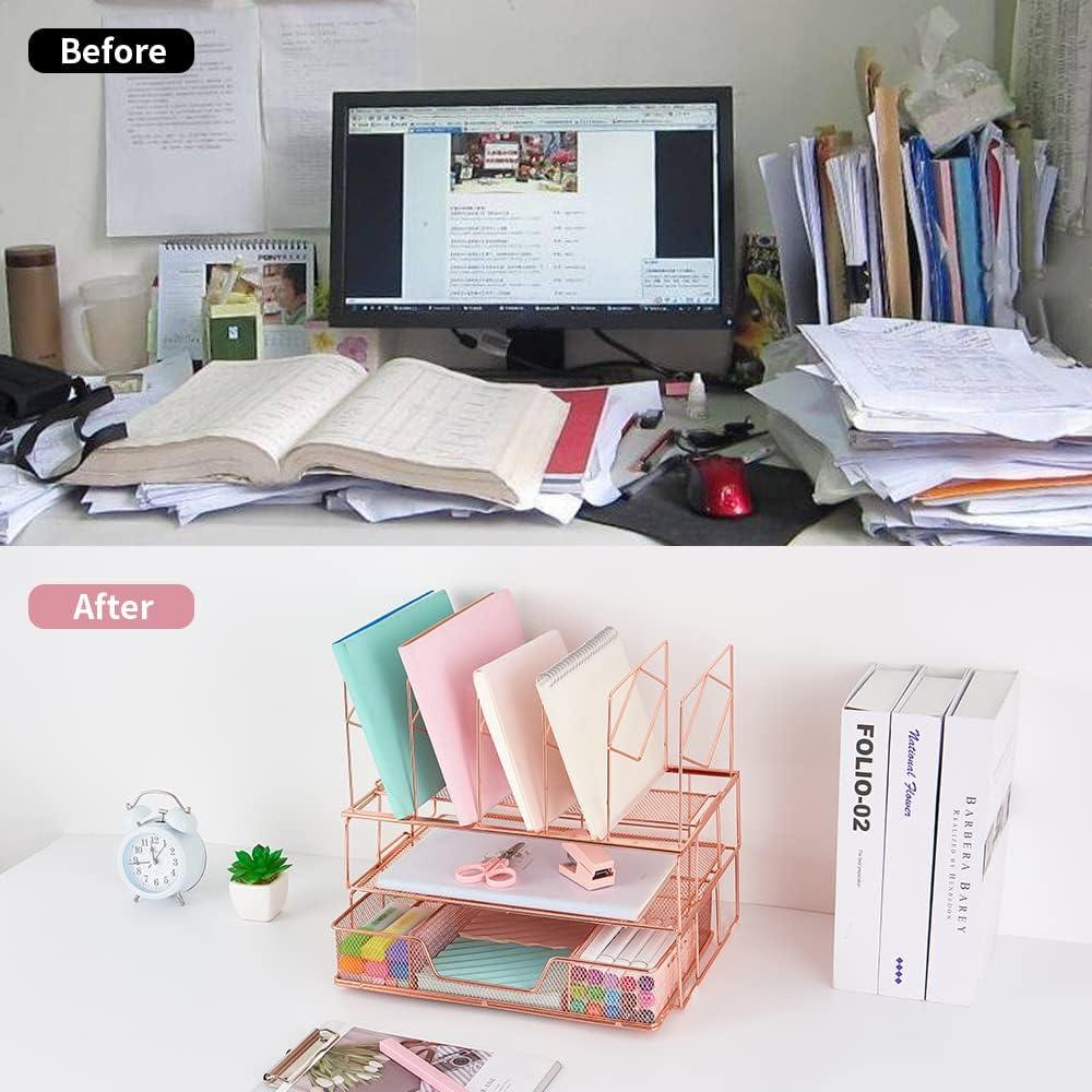 Desk Organizers and Desk Accessories - Rose Gold Desk Organizer with File Sorters, File Organizer with Drawer, Desk Accessories & Workspace Organizers for School Office Supplies