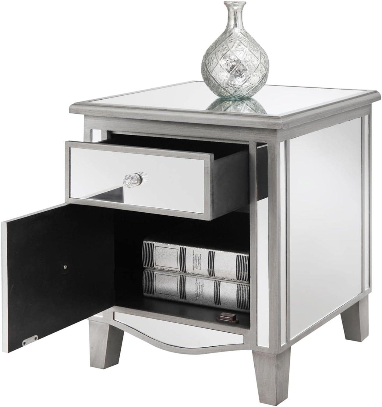 Elegant Silver Mirrored Rectangular End Table with Storage