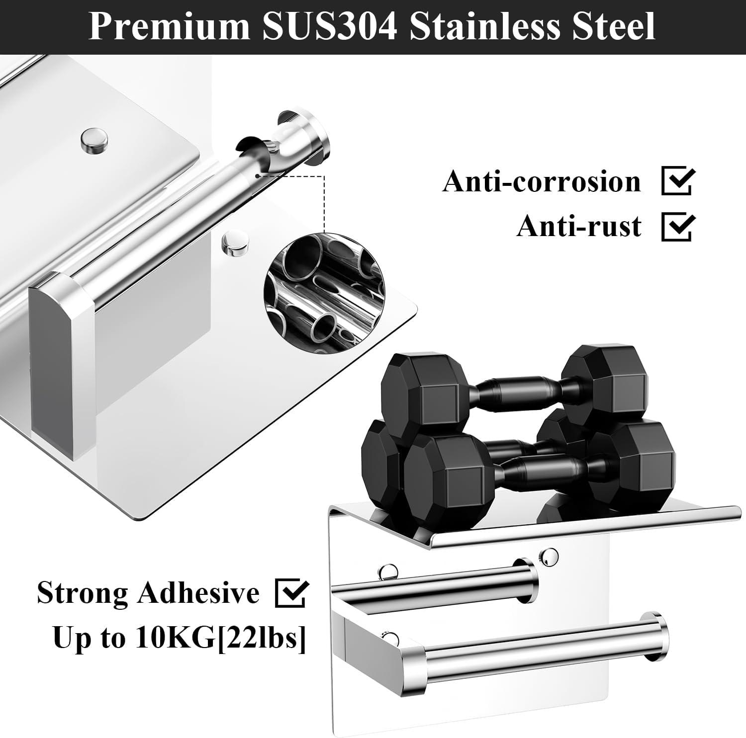 Tindbea Mega Size Toilet Paper Holder with Shelf + Towel Robe Hooks, Adhesive or Screw Wall Mounted Toilet Paper Roll Holder, Stainless Steel Bathroom Hardware Set (Polished Chrome)