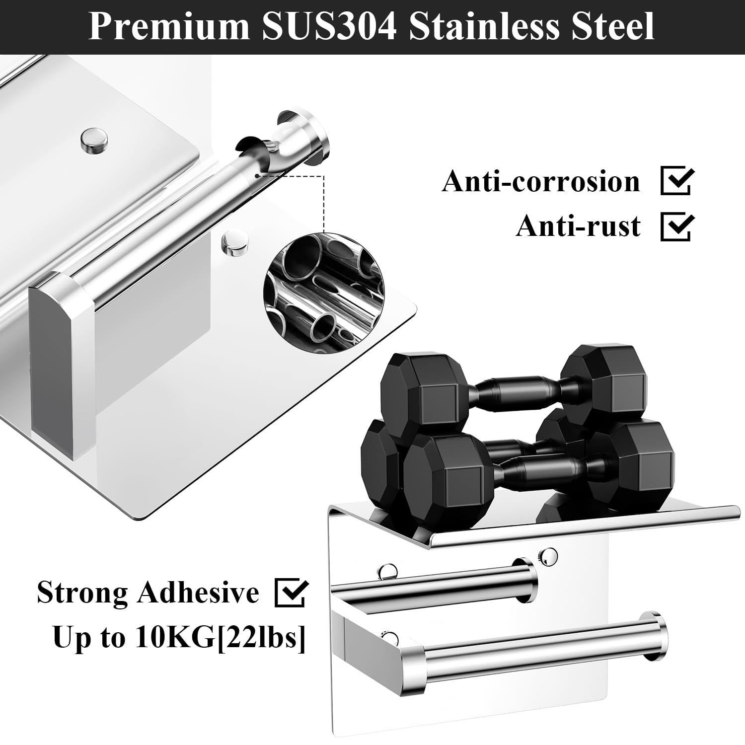 Tindbea Mega Size Toilet Paper Holder with Shelf + Towel Robe Hooks, Adhesive or Screw Wall Mounted Toilet Paper Roll Holder, Stainless Steel Bathroom Hardware Set (Polished Chrome)