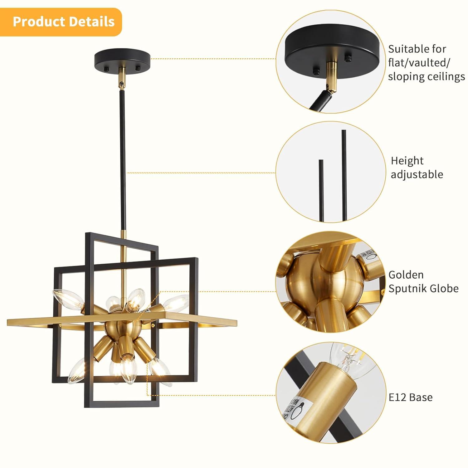 Modern Black and Gold Chandelier, 8-Light Geometric Pendant Light Fixture, Dining Light Fixtures Adjustable Chandelier for Dining Room Entryway Foyer Hallway Bedroom Living Room Kitchen Island