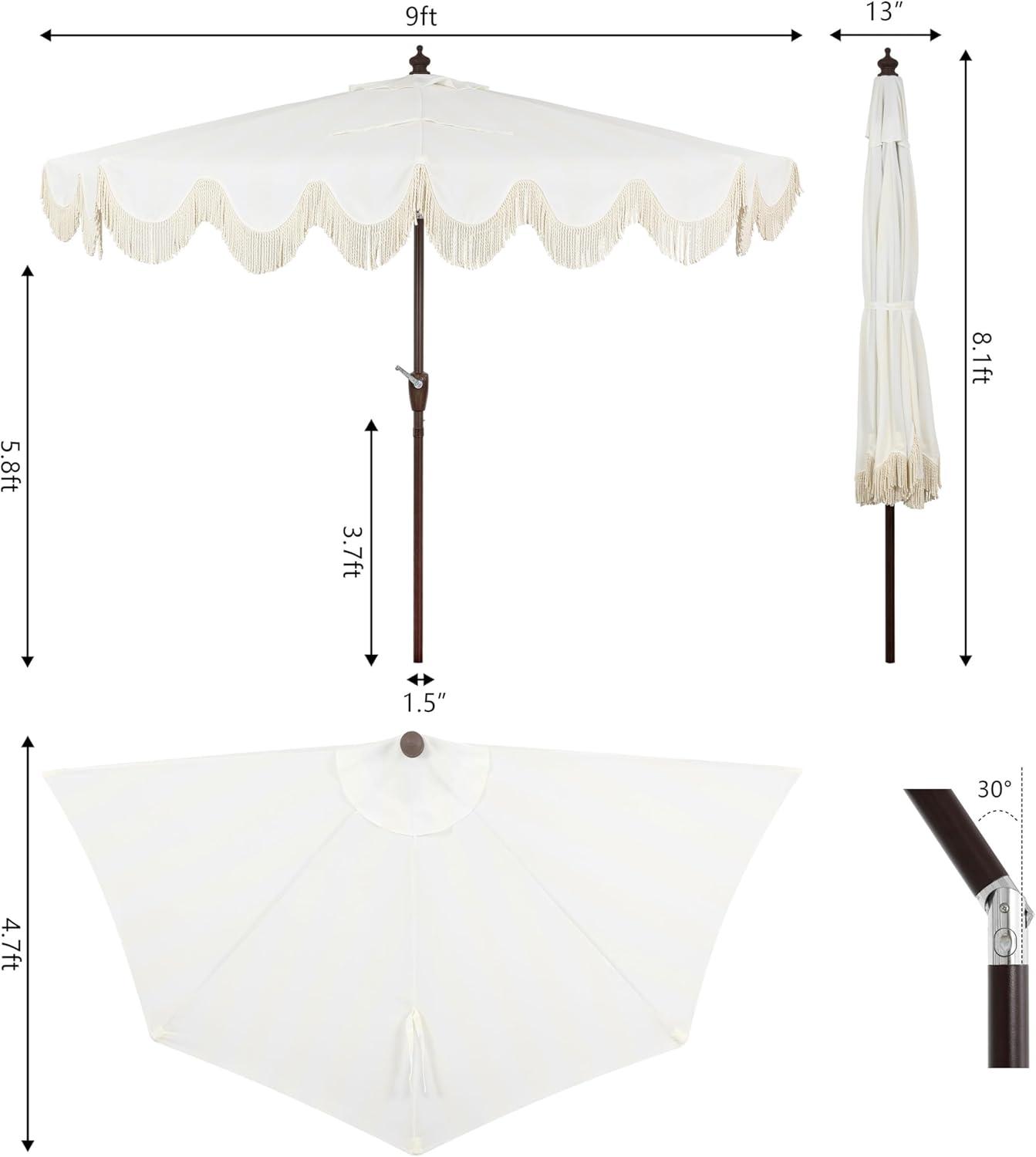 JONATHAN Y Beverly 9 ft. Designer Classic Scalloped Fringe Half Market Patio Umbrella with Crank, Push Button Tilt and UV Protection