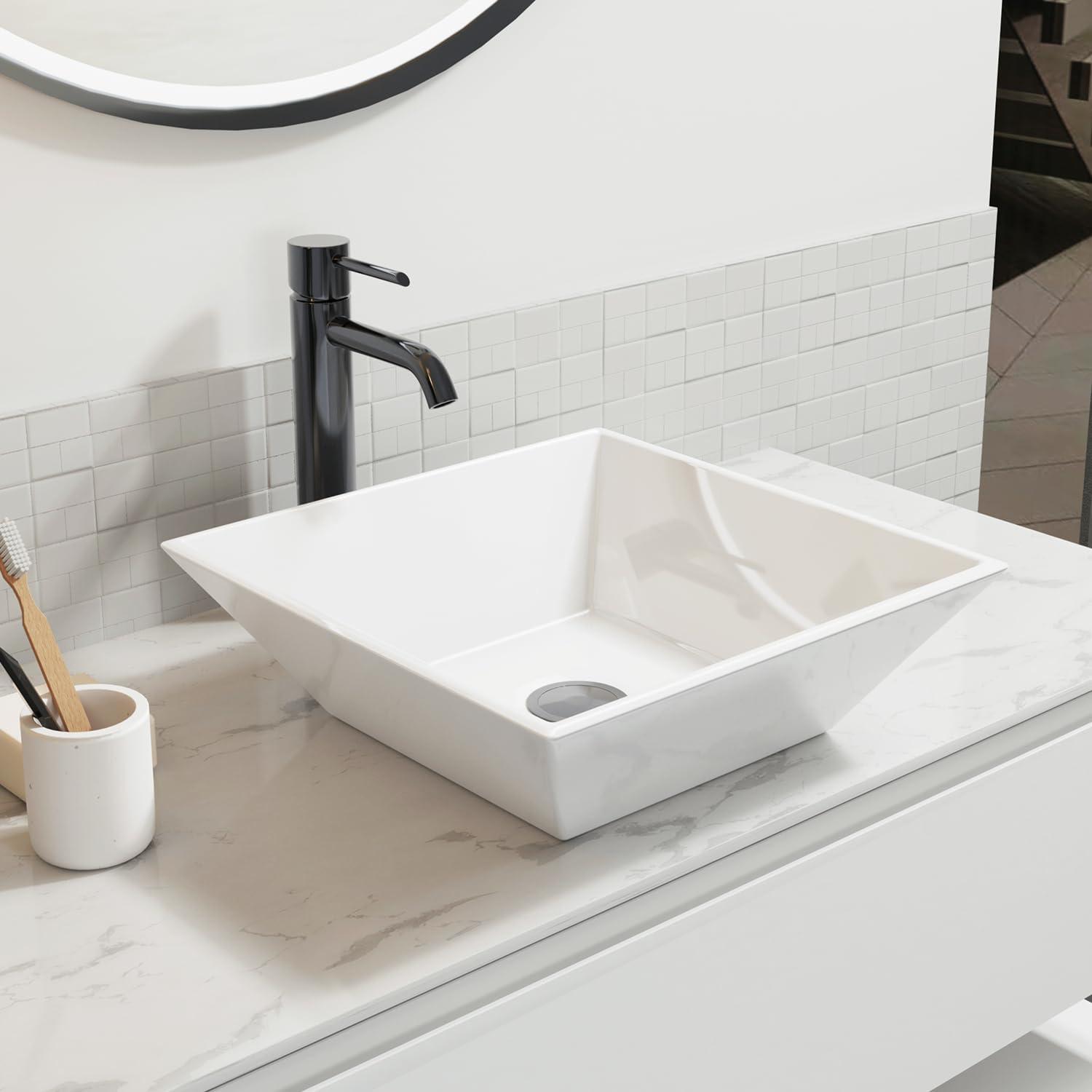 Sinber 16" x 16" x 4.92" White Square Ceramic Countertop Bathroom Vanity Vessel Sink BVS1616A-OK