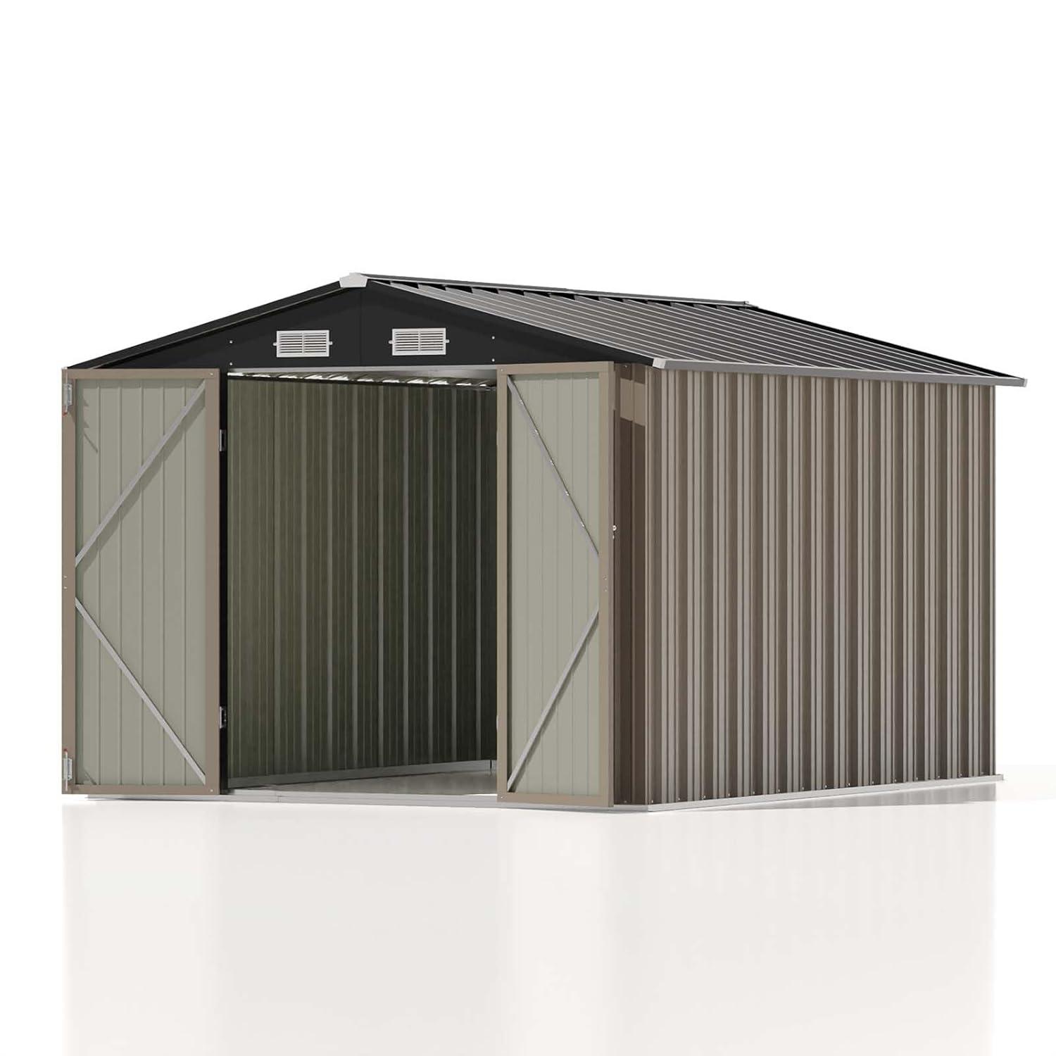 Patiowell 8' x 10' Outdoor Storage Shed, Large Garden Tool Metal Shed with Sloping Roof and Double Lockable Door, Outdoor Shed for Backyard Garden Patio Lawn, Brown