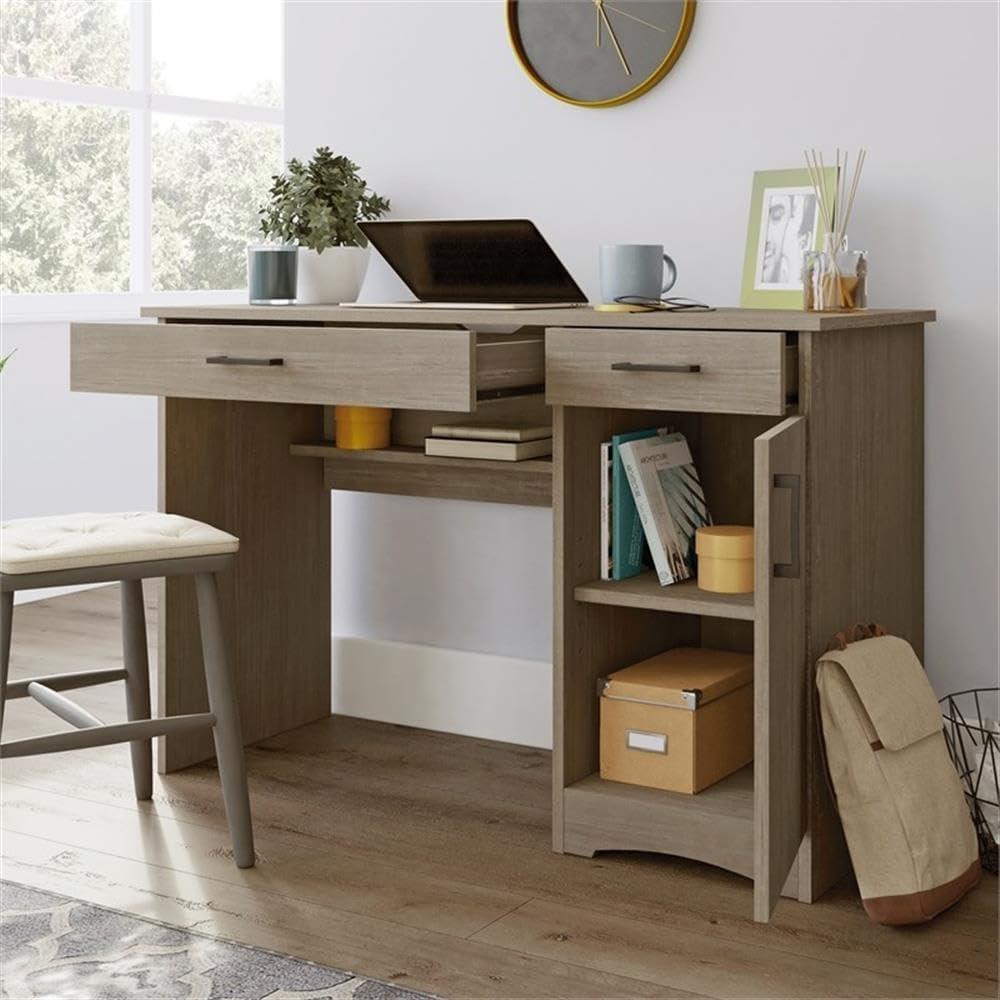 BeginningsHome Office Desk with Drawers Silver Sycamore - Sauder: Retro-Industrial Design, MDF Frame