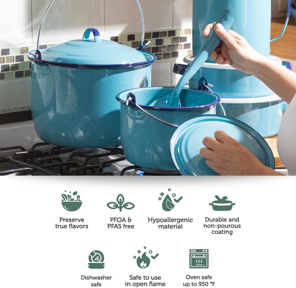 Cinsa 14-Piece Enameled Steel Cookware Set, Turquoise Blue
