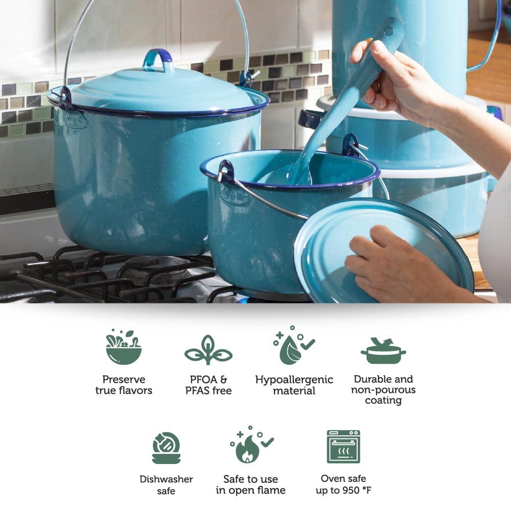 Cinsa 14-Piece Enameled Steel Cookware Set, Turquoise Blue