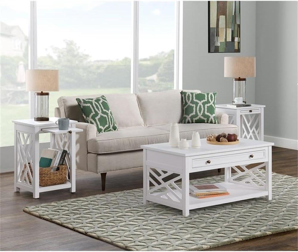 Alaterre Furniture 36" Middlebury Coffee Table with Drawer and 2 End Tables with Tray Shelf White: Mid-Century Modern, Wood Frame